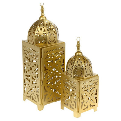 B&Q -  Urbnliving Gold Metal Moroccan Lantern Tealight & Votive Candle HolderMixed Set (1 Small + 1 Large)