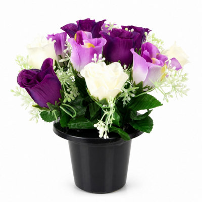 B&Q -  Purple & White Rosebud Set Of 1 Artificial Silk Flower Grave Pot Memorial Arrangement Graveside Cemetery