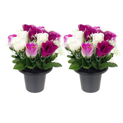 B&Q -  Purple & White Rosebud Set Of 2 Artificial Silk Flower Grave Pot Memorial Arrangement Graveside Cemetery