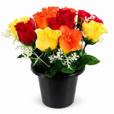 B&Q -  RedOrange & Yellow Rosebud Set Of 1 Artificial Silk Flower Grave Pot Memorial Arrangement Graveside Cemetery