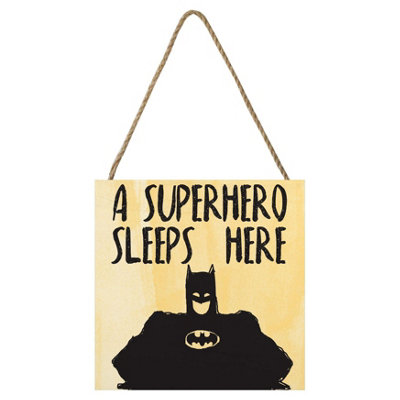 DC comics Batman A Superhero Sleeps Here Wooden Block Yellow/black (20Cm X 20Cm) from B&Q