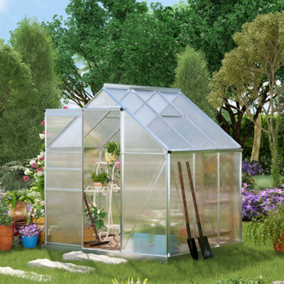 Outsunny Polycarbonate Walk-In Garden Greenhouse W/ Sliding Door Silver Tone from B&Q