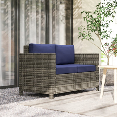 B&Q -  Rattan Wicker 2-Seat Sofa Loveseat Padded Garden Furniture Blue