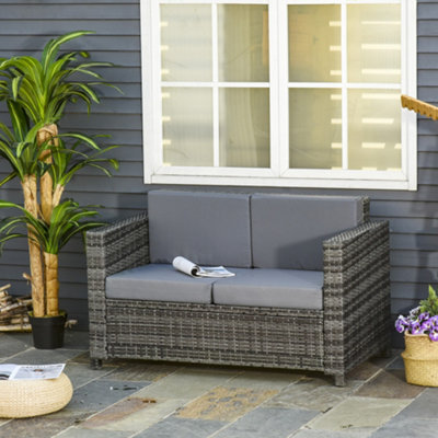 B&Q -  Rattan Wicker 2-Seat Sofa Loveseat Padded Garden Furniture Grey