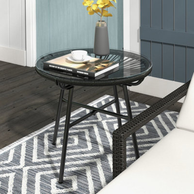 B&Q -  Rattan Side Table W/ Tempered Glass TabletopBlack