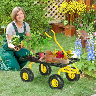 Outsunny Garden Trolley Cart With Pneumatic Wheels And Rotating HandleYellow