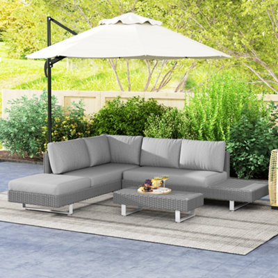 B&Q -  3Pc Rattan Wicker Sofa Set With Tea Table & CushionsLight Grey