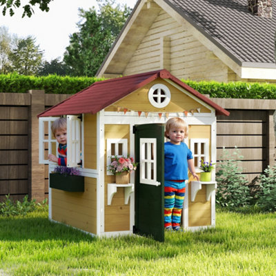 Outsunny Beige Wooden Playhouse With Doors, Wooden, Plant Pots For Kids