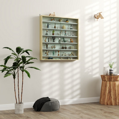 Homcom 7-Tier Wall Display Cabinet W/ Shelves Glass Doors, Oak