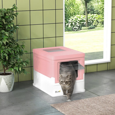 Pawhut Pink Hooded Cat Litter Box, Pet Toilet W/ Scoop, Tray