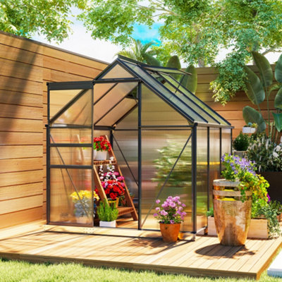 Outsunny Grey Polycarbonate Walk-In Garden Greenhouse W/ Sliding Door