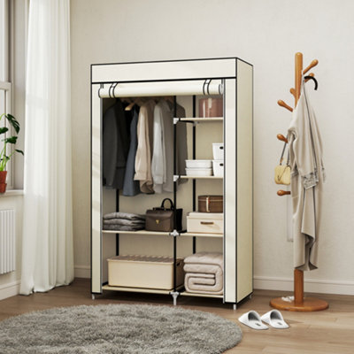 Homcom Fabric Wardrobe W/ Shelves Hanging Rail Foldable Closets Cream