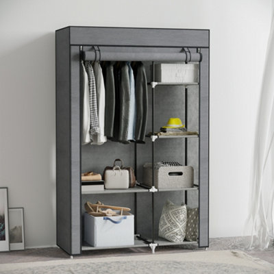Homcom Fabric Wardrobe W/ Shelves Hanging Rail Foldable Closets Dark/Grey