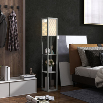 Homcom Modern Floor Lamp With Shelves Fabric Lampshade Light/Grey