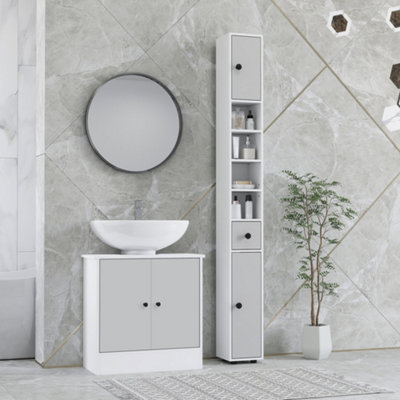 Kleankin Slim Bathroom Cabinet, Toilet Roll Storage W/ Shelves, Light/Grey
