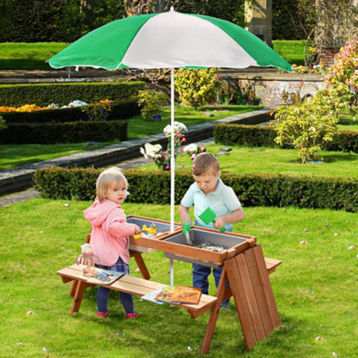 Outsunny Brown Wooden Kids Picnic Table, Sand And Water Table With Benches,