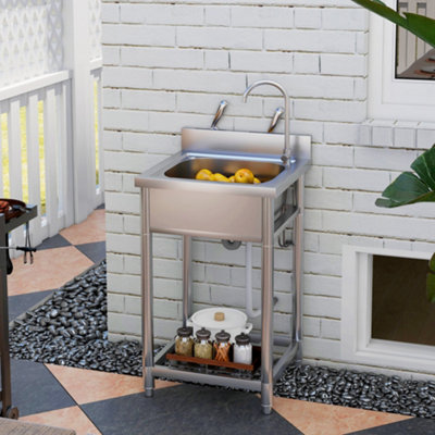 Rackhams Silver Outdoor Utility Sink, Stainless Steel Free Standing Single Bowl Kitchen Sink With Cold And Hot Water Pipe And Storage Shelf, 55 X 50 X 100 Cm - Image 6