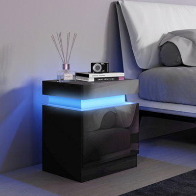 Bobobiy Black/Light Bedside Table With Led High Gloss Front Nightstand With 2 Drawers, For Living Room, Bedroom - Image 11