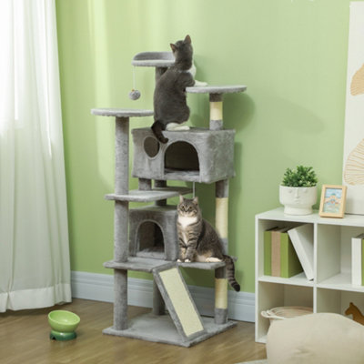 Pawhut 138Cm Cat Tower With Scratching Posts Bed Condo PlatformLight Grey from B&Q
