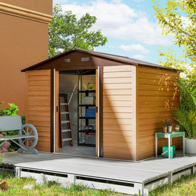 Garden Shed 9x6ft Metal Outdoor Tool Storage House Sliding Door Wood Effect - Image 7