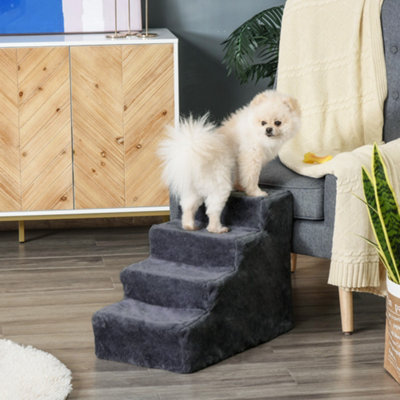 Pawhut Dark Grey Four-Step Portable Dog Stairs W/ Washable Plush Cover, In - Image 5