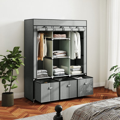 B&Q -  Large Fabric Wardrobe Closet 2 Rails5 Shelves 3 DrawersLight Grey