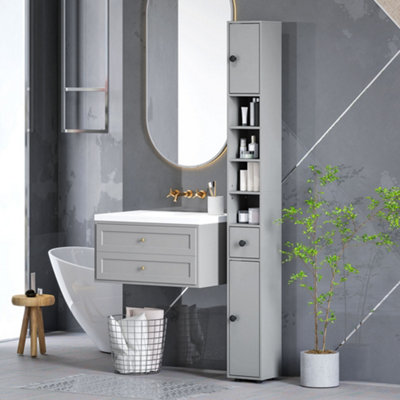 Kleankin Bathroom Cabinet - Slim Storage - 2 Door - 4 Shelf - Grey - Image 6