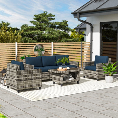 B&Q -  5 Seater Wicker Outdoor Furniture Set For BalconyNavy Blue