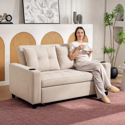 Homcom 2 Seater Pull Out Sofa Bed With Pockets For Living Room Beige - Image 5