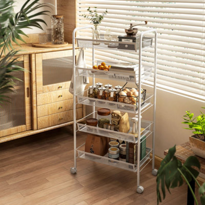 HOMCOM 5-Tier Utility Rolling Cart - White - Steel - Image 5