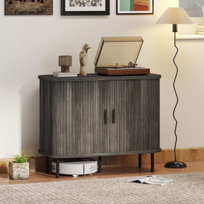 B&Q -  Sideboard Storage Cabinet With Slatted Tambour Sliding Doors Grey