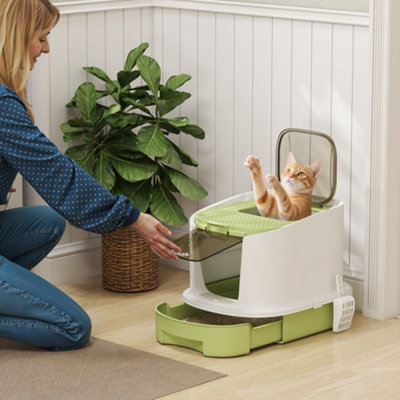Pawhut Cat Litter Box, Hooded Cat Litter Tray With Lid, Scoop, Green