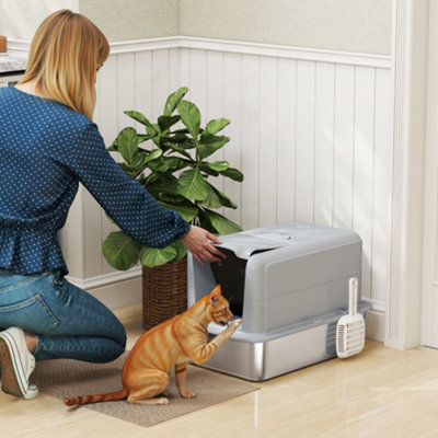 Pawhut Stainless Steel Cat Litter Box With Removable LidScoopGrey from B&Q