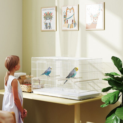Pawhut Bird Cage With Divider, 4 Wooden Perches, Slide Out Tray, White