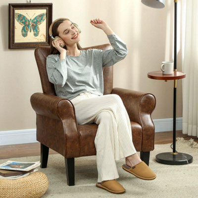B&Q -  Upholstered Modern Accent ChairArmchair With Wood LegsBrown