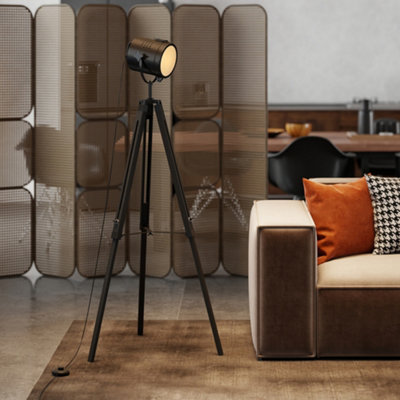 B&Q -  Industrial Tripod Floor Lamp Wood Height Adjustable SpotlightBlack