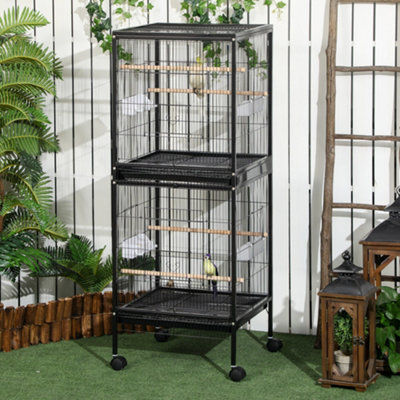 Pawhut Black 2 In 1 Large Bird Cage Aviary W/ Wheels, Slide-Out Trays Wood Perches In - Image 9