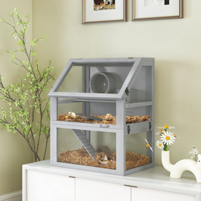 Pawhut Wooden Hamster Cage W/ Detachable BottomHutSeesawLight Grey from B&Q