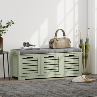 Rackhams Green 3-Door Shoe Storage Bench Cushion Seat Slatted Doors, - Image 9