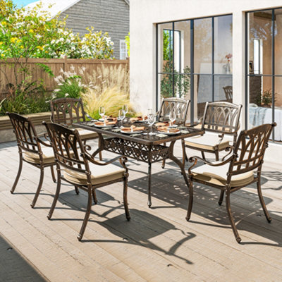 Outsunny 7 Pieces Cast Aluminium Garden Dining Set With Parasol Hole, Bronze