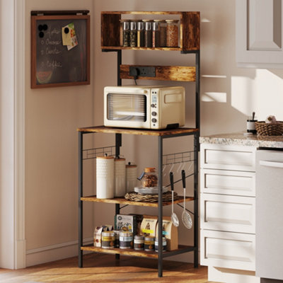 Homcom Brown Bakers Rack With Power Outlet, Hooks, Microwave Stand, Size 5