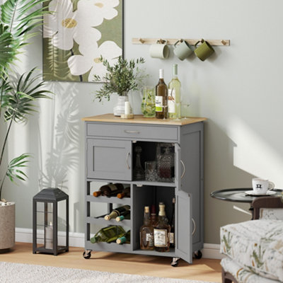 Rackhams Grey Rolling Kitchen Island Trolley Storage Cart W/ Rubberwood Top, - Image 7