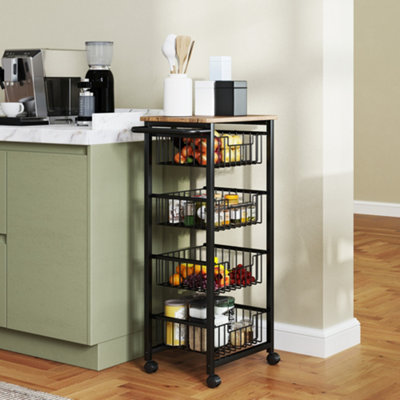 Homcom Light Oak 4-Tier Kitchen Island On Wheels With 4 Pull-Out Baskets, Oak In - Image 4