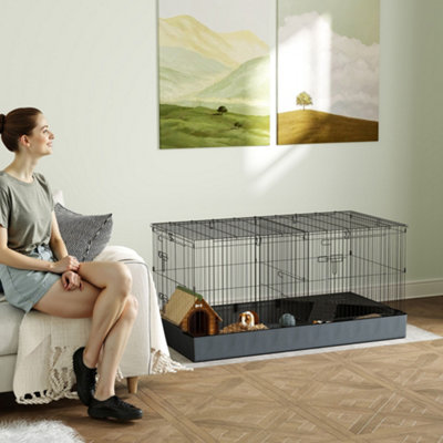 Pawhut Guinea Pig Cage, 2 In 1 Rabbit Cage Pet Playpen For Hedgehogs, Black