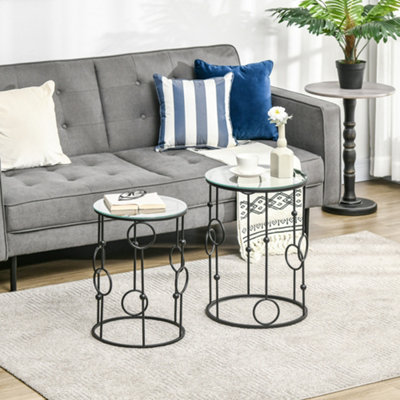 Rackhams Black Set Of 2 Nesting Coffee Table, Side Tables With Glass Top, - Tempered Glass - Image 7