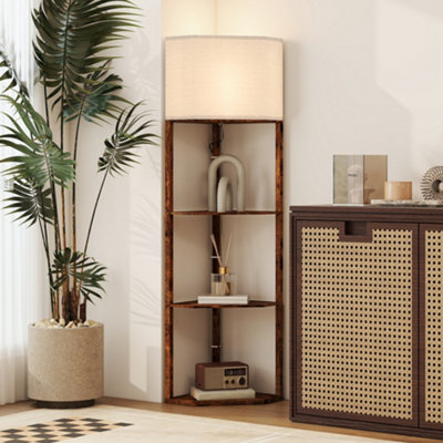 B&Q -  Corner Modern Floor Lamp With Shelves For Living RoomRustic Brown