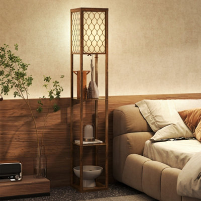 B&Q -  Modern Floor Lamp Light With 3 Shelves Fabric LampshadeRustic Brown