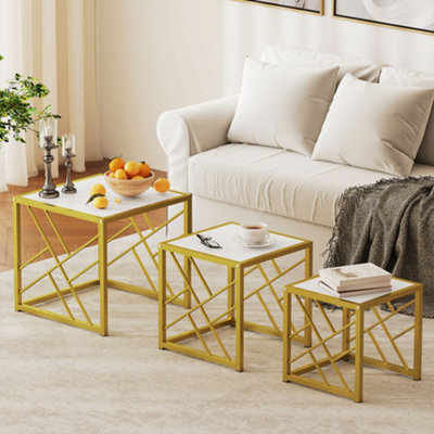HOMCOM Set of 3 Nesting Coffee Tables Square End Tables w/ Metal Frame White - Image 10
