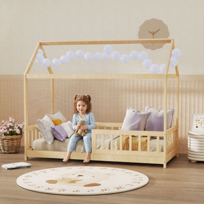 Homcom House-Shaped Kids Bed Frame Solid Pine Wood With Guard Rails, Natural