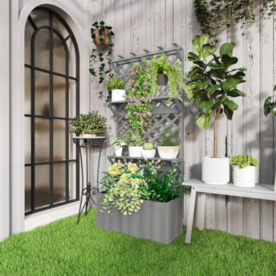 B&Q -  Wooden Raised Planter With Trellis And 2 ShelvesGrey